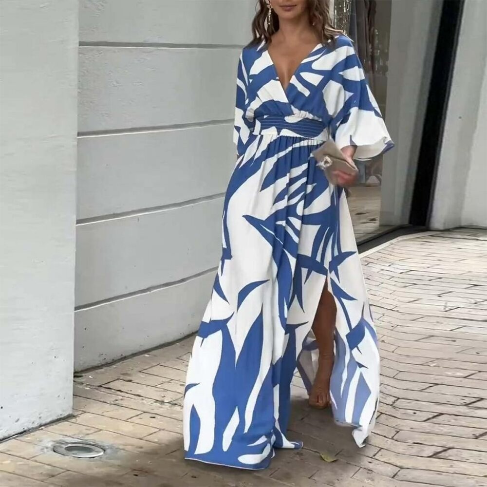 The Blue Print Long Sleeve Maxi Dress – Elegant & Bold